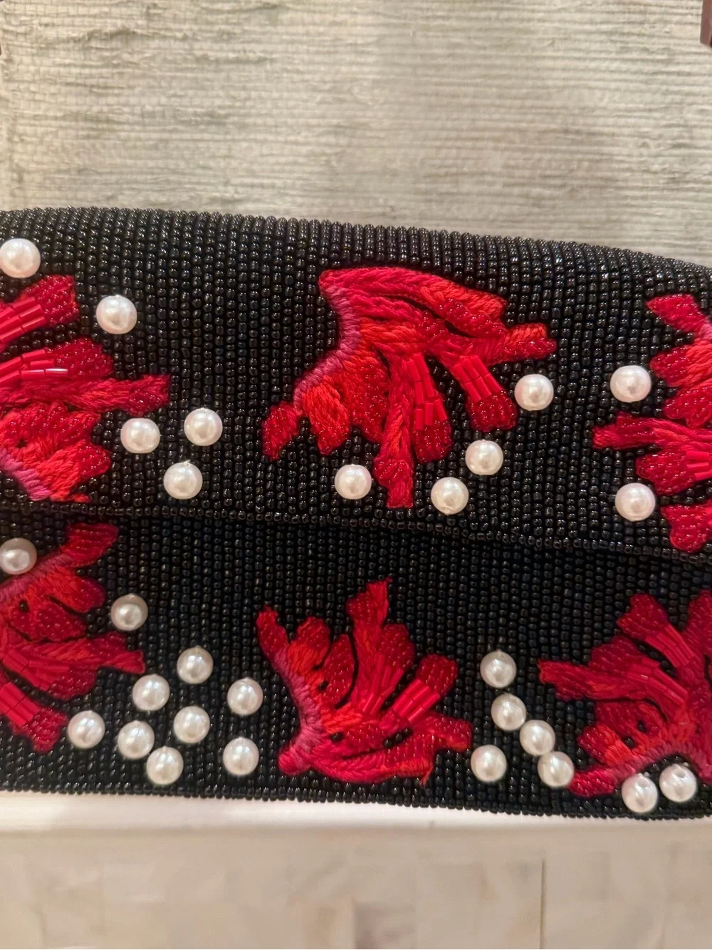 New Beaded shoulder Bag black with red coral white stone handle purse embroidery